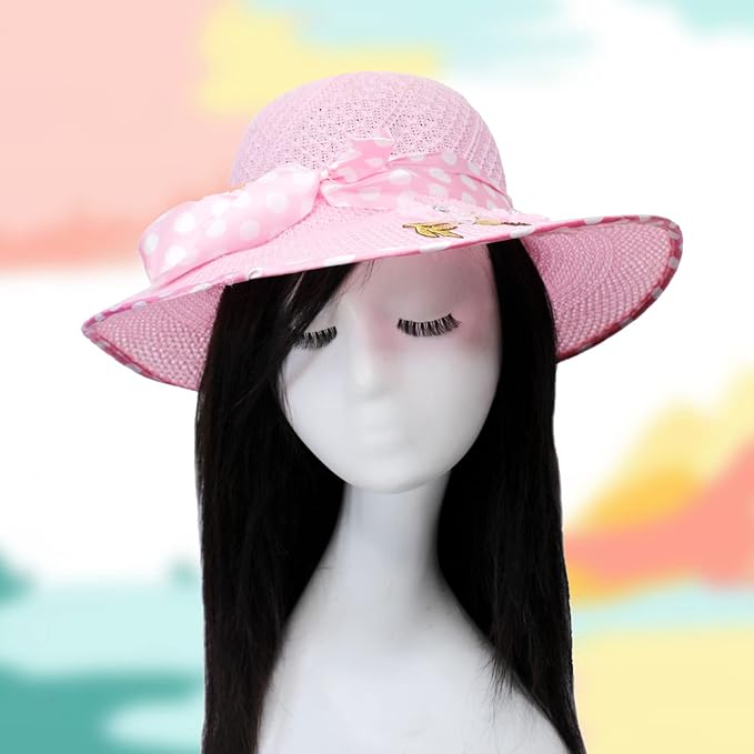 Kabello Women Big Bowknot Straw Hat UV Protection Beach Cap Sun Hat, Hats for Women & Girls Pink - Image 7