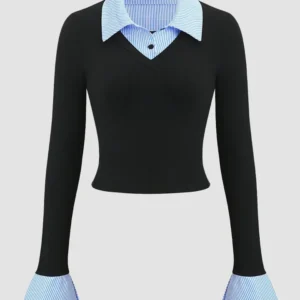 Collared Neck Contrast Cuff Knitted Full Sleeve Top in Blue and Black