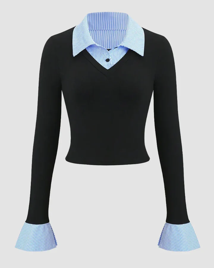 Collared Neck Contrast Cuff Knitted Full Sleeve Top in Blue and Black