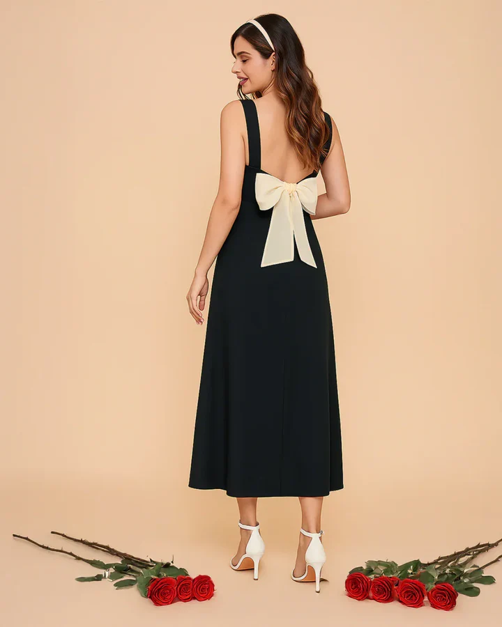 Square Neck Ruched Split Bowknot Maxi Dress - Image 2